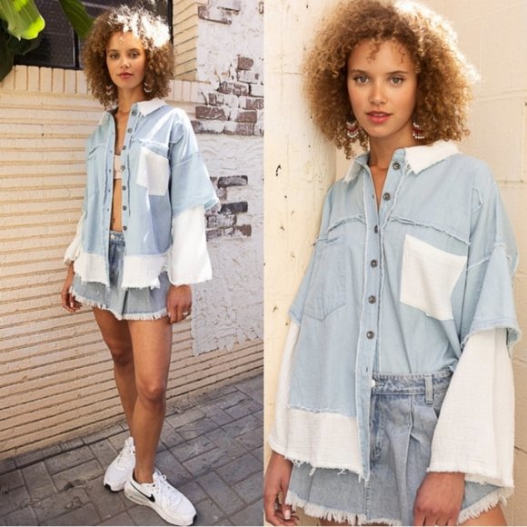 47193 POL Layered Chambray Shirt - Picture 3 of 4